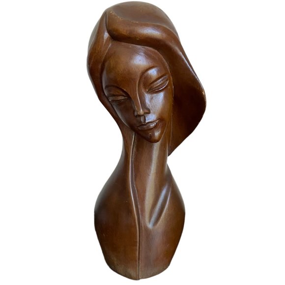Vintage Mid-Century Art Deco Style Carved Wooden Female Bust Sculpture 11.5" - Picture 1 of 16